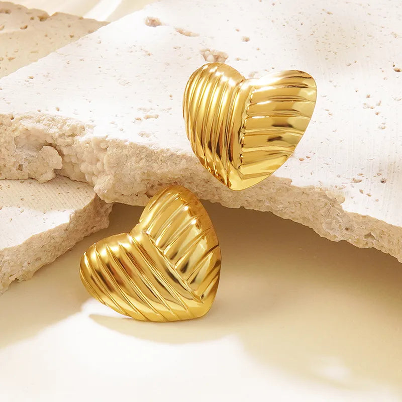 Cross Lines Heart Stud Earrings - 18k Gold Plated