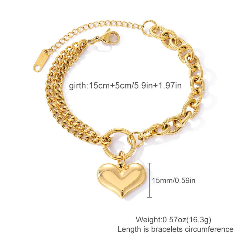 Heart Charm Double Chains Bracelet - 18k Gold Plated