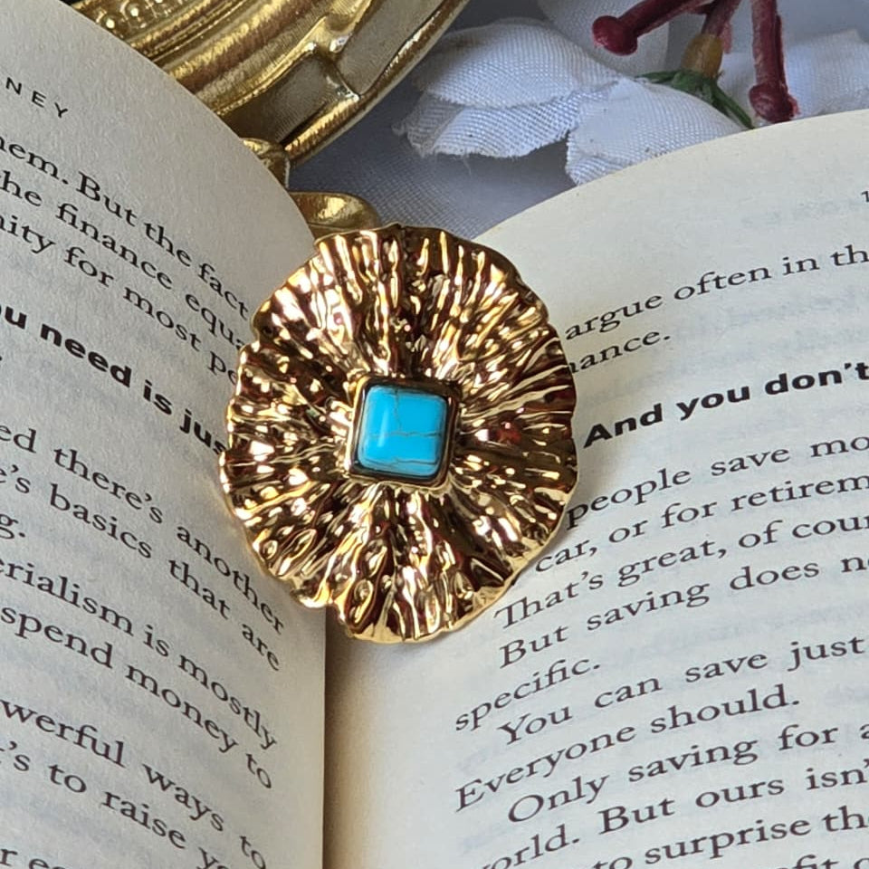 Textured Turquoise Statement Ring - 18K Gold Plated