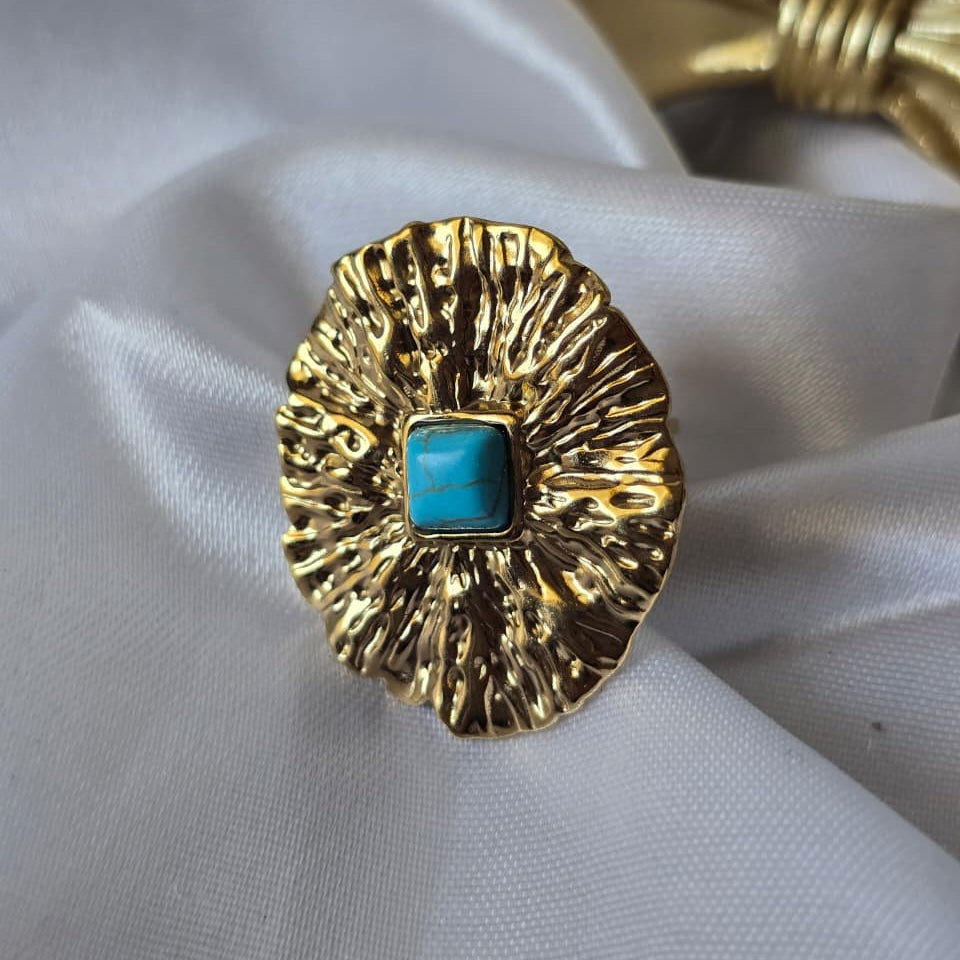 Textured Turquoise Statement Ring - 18K Gold Plated
