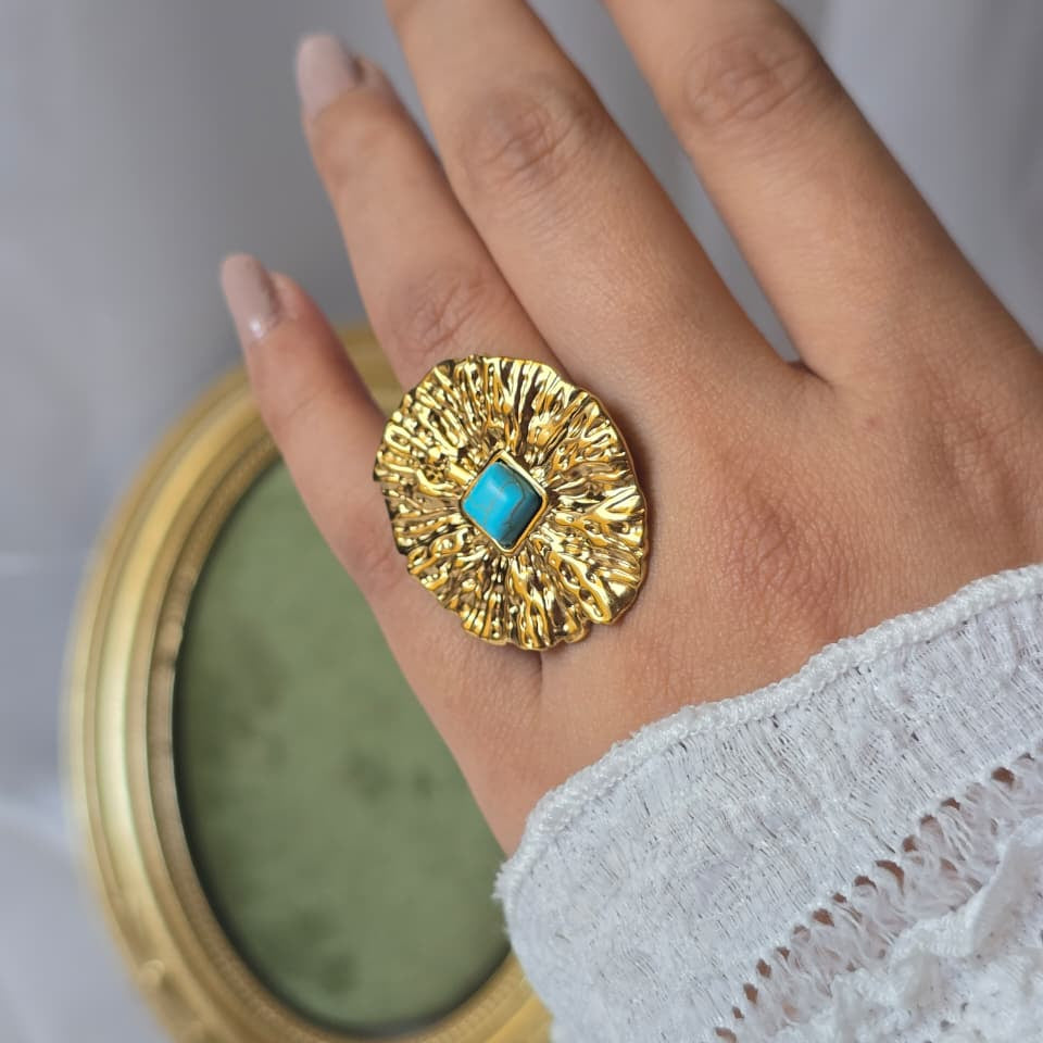 Textured Turquoise Statement Ring - 18K Gold Plated