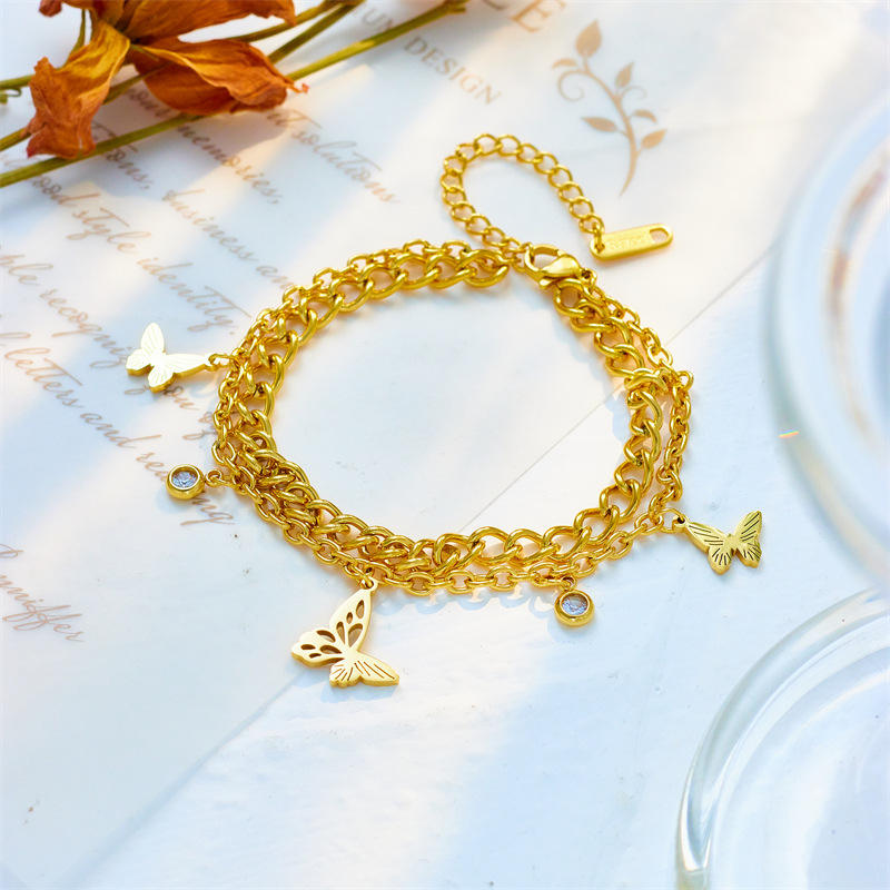 Butterfly Zircon Charms Bracelet - 18k Gold Plated