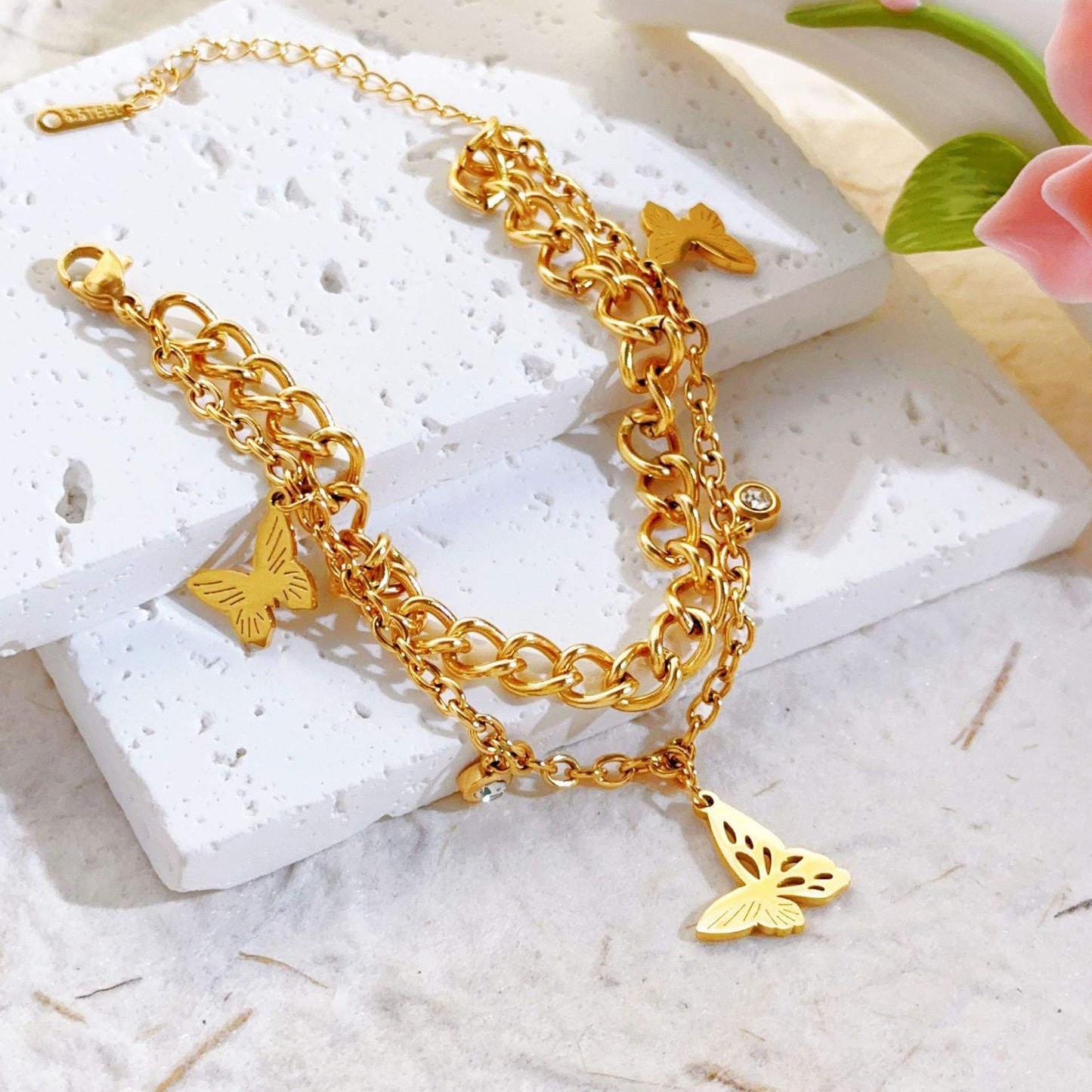 Butterfly Zircon Charms Bracelet - 18k Gold Plated