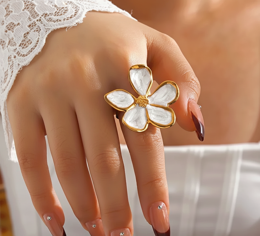 White Flower Statement Ring