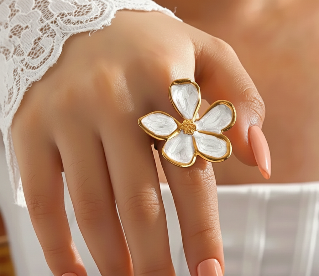 White Flower Statement Ring
