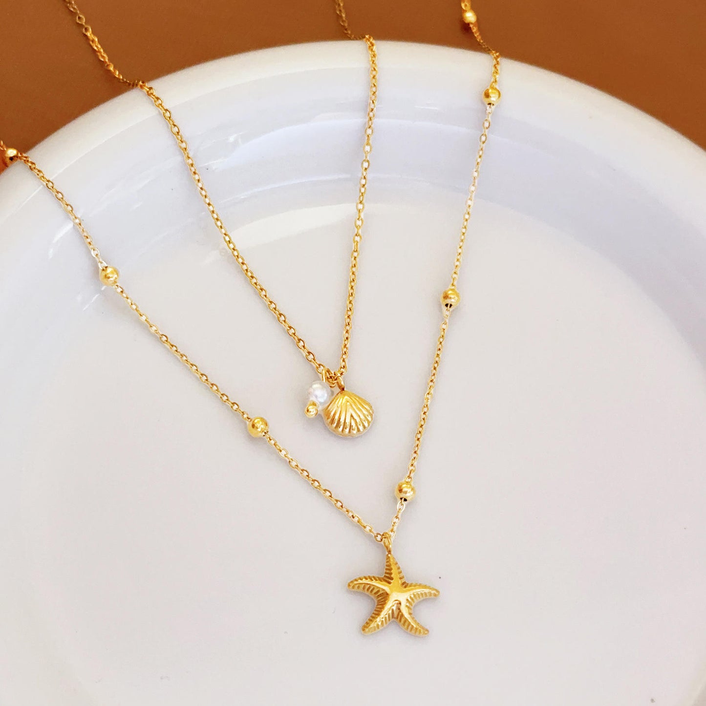 Shell Starfish Double Layer Necklace - 18k Gold Plated
