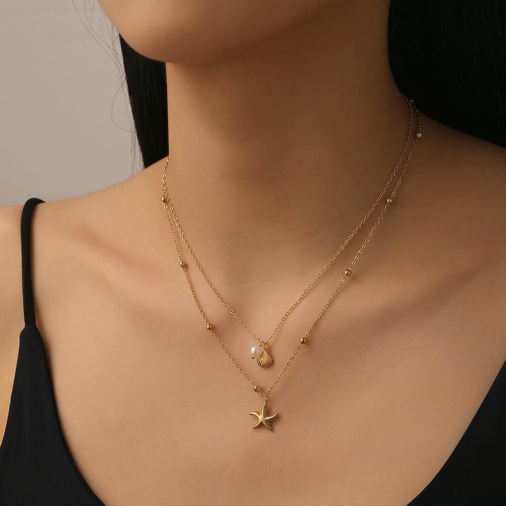 Shell Starfish Double Layer Necklace - 18k Gold Plated