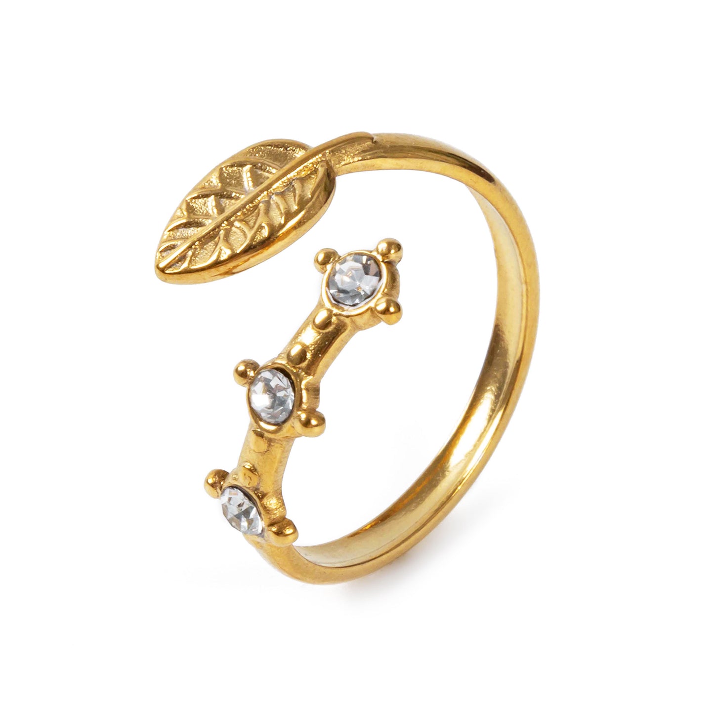 Leaf Motif Crystal Ring – 18K Gold Plated