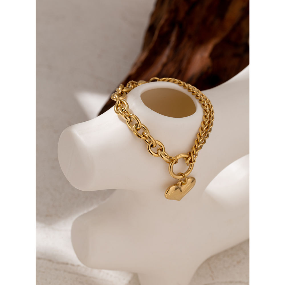 Heart Charm Double Chains Bracelet - 18k Gold Plated