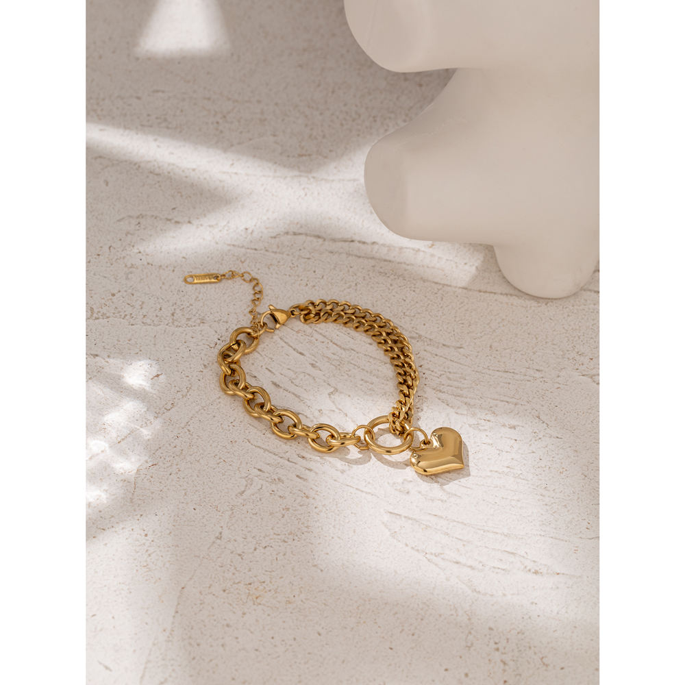 Heart Charm Double Chains Bracelet - 18k Gold Plated
