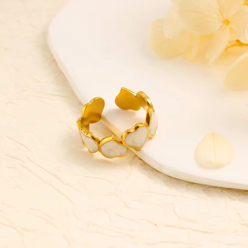 Heart Shiny White Enamel Chic Adjustable Ring - 18k Gold Plated