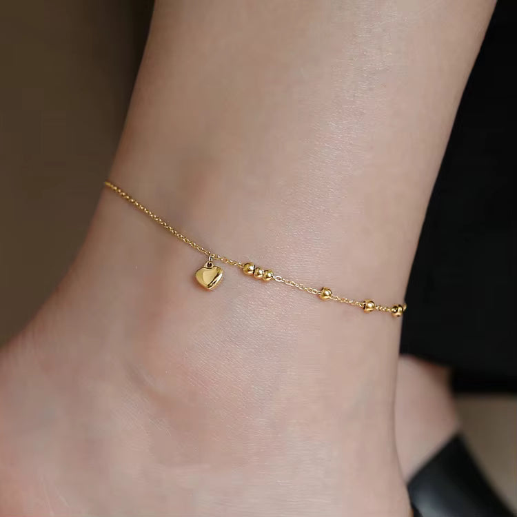 Mini Heart Drop Beads Anklet - 18k Gold Plated