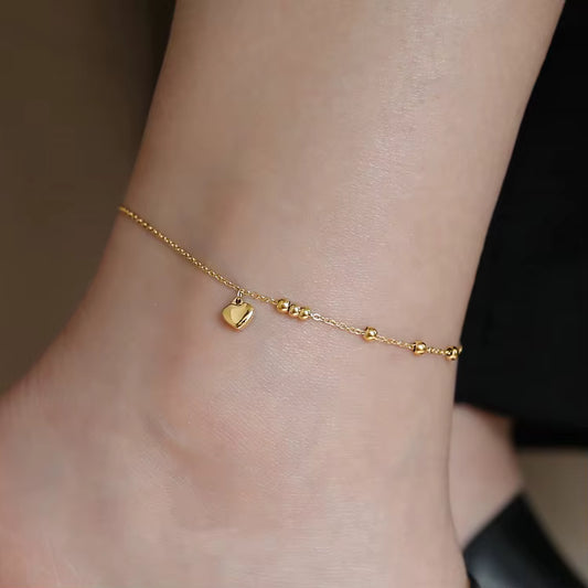 Mini Heart Drop Beads Anklet - 18k Gold Plated