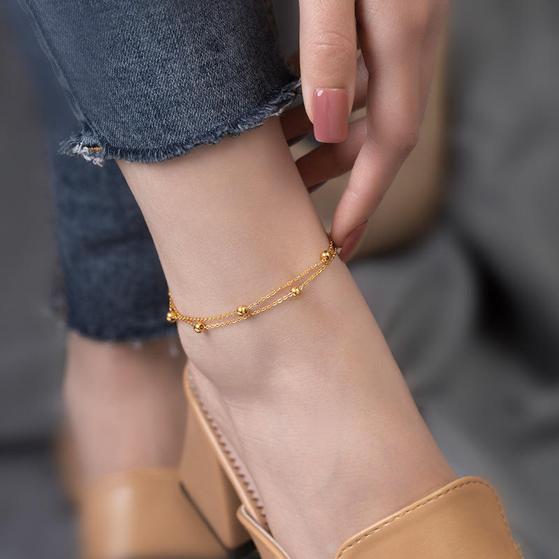 Double Chain Beads Anklet - 18k Gold Plated