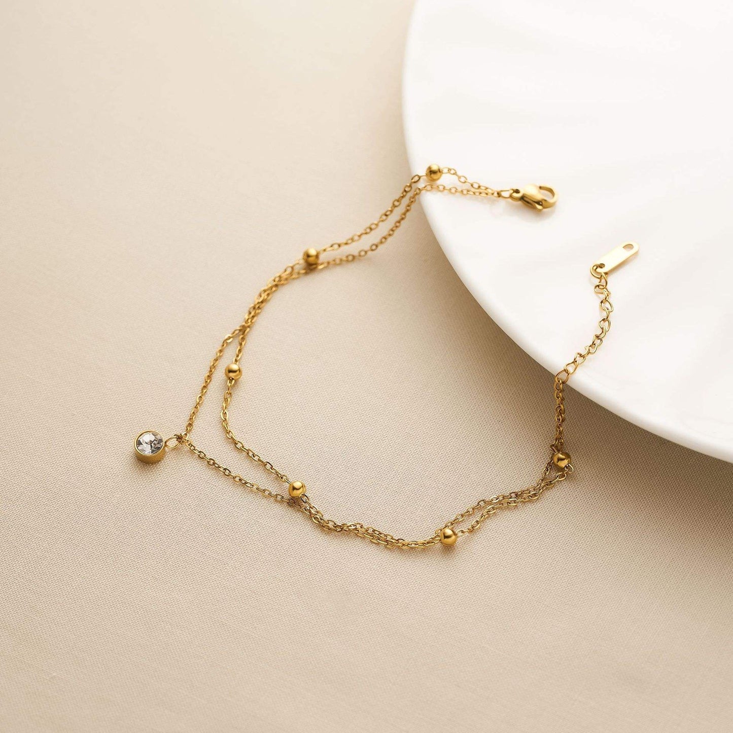 Single Diamond Beads Anklet - 18k Gold Plated