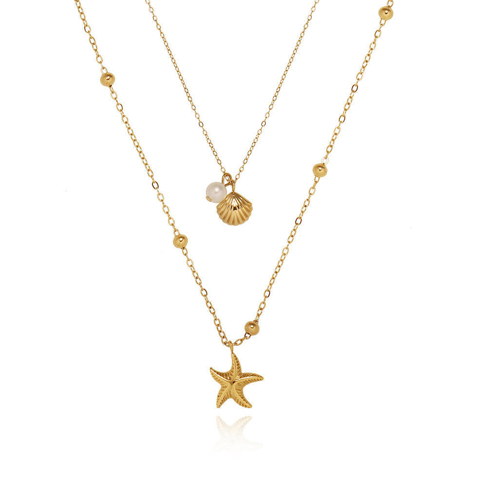 Shell Starfish Double Layer Necklace - 18k Gold Plated