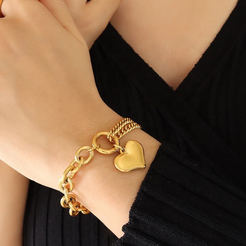 Heart Charm Double Chains Bracelet - 18k Gold Plated