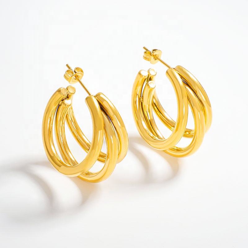 Triple C Hoop Stud Earrings - 18k Gold Plated
