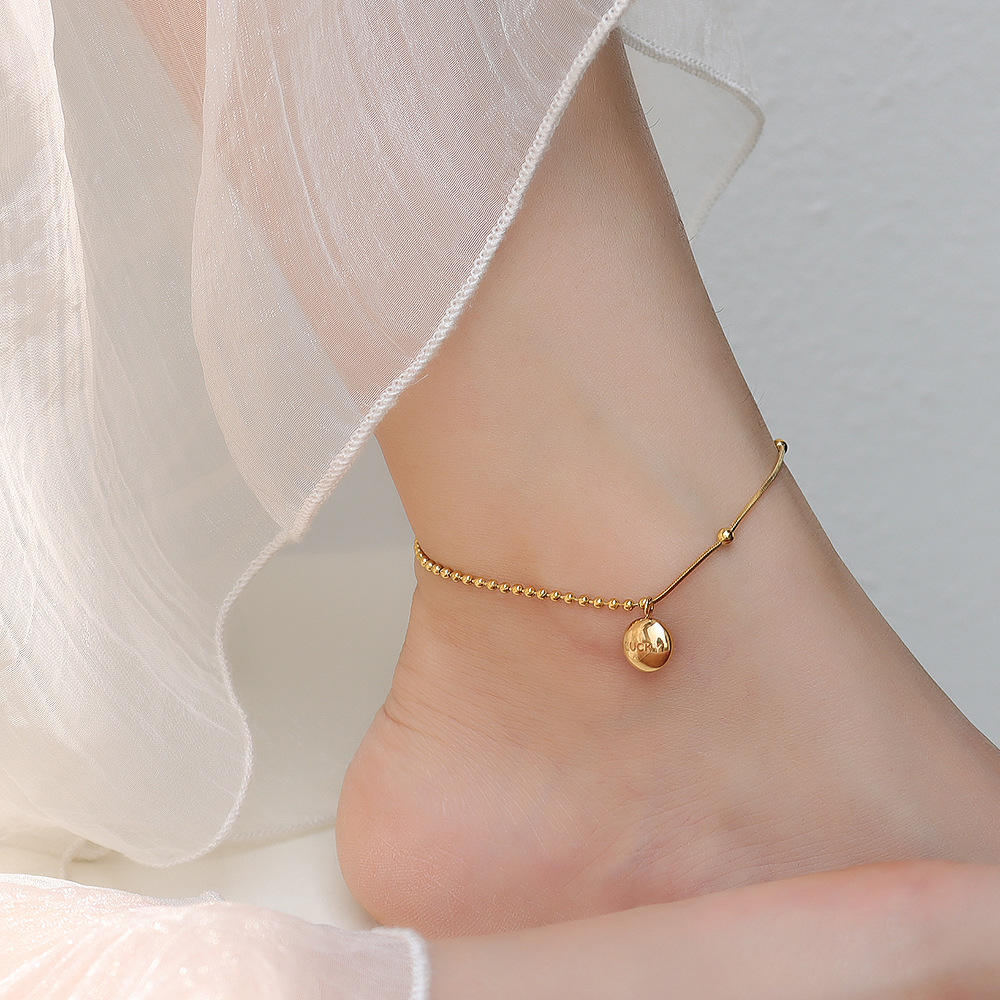 Wrapped Rice Beads Lucky Charm Small Gold Bean Anklet - 18k Gold Plated