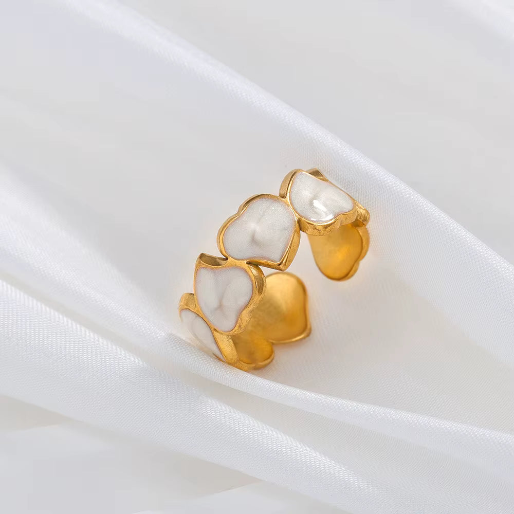 Heart Shiny White Enamel Chic Adjustable Ring - 18k Gold Plated