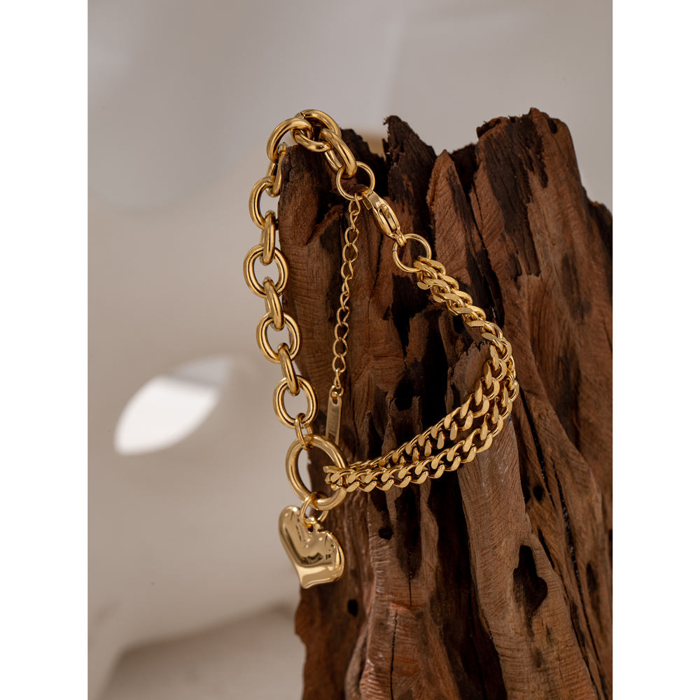 Heart Charm Double Chains Bracelet - 18k Gold Plated