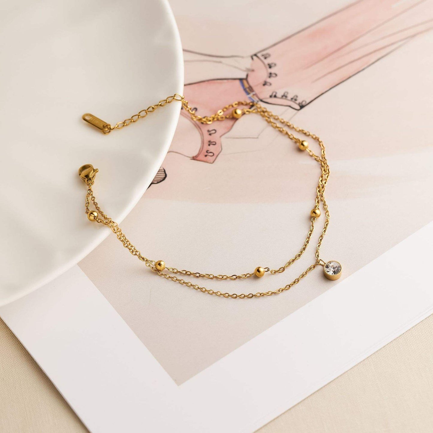 Single Diamond Beads Anklet - 18k Gold Plated