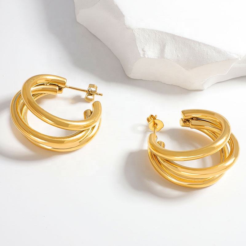 Triple C Hoop Stud Earrings - 18k Gold Plated