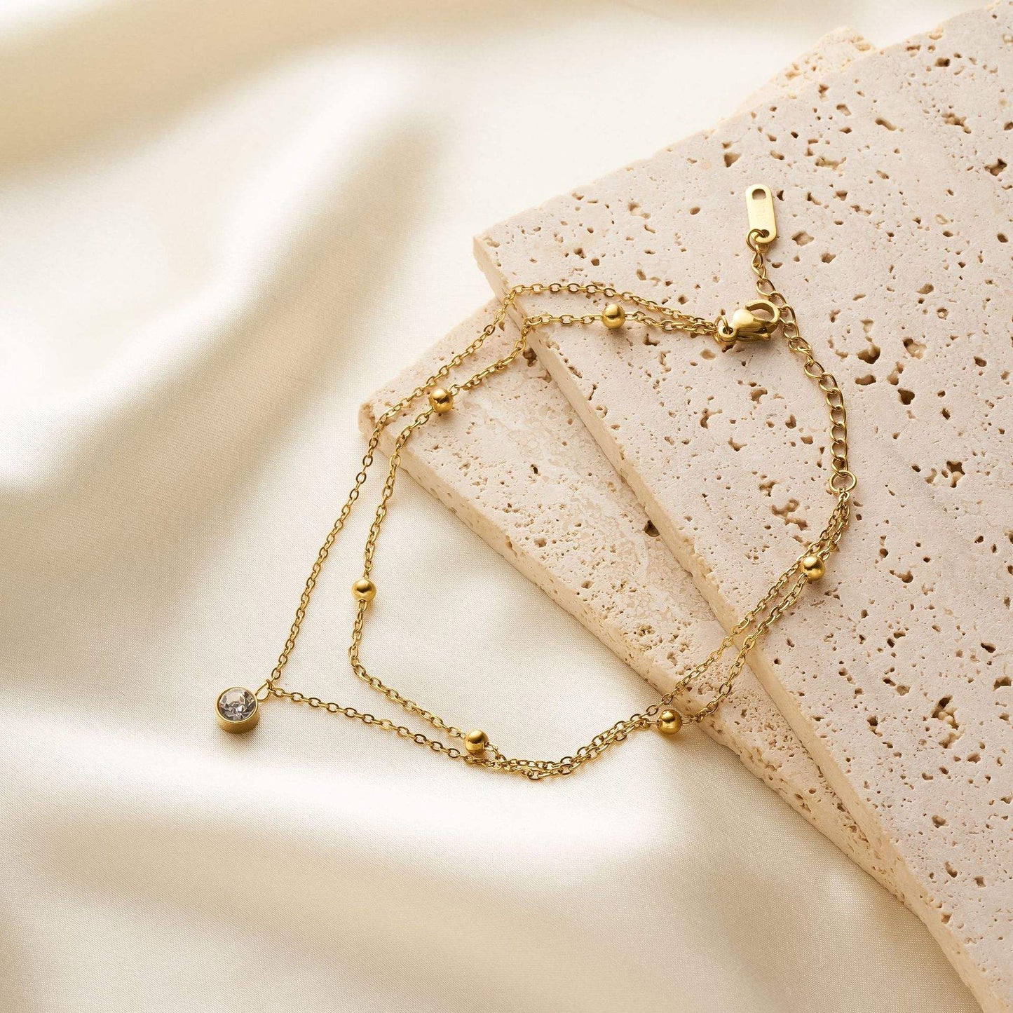 Single Diamond Beads Anklet - 18k Gold Plated