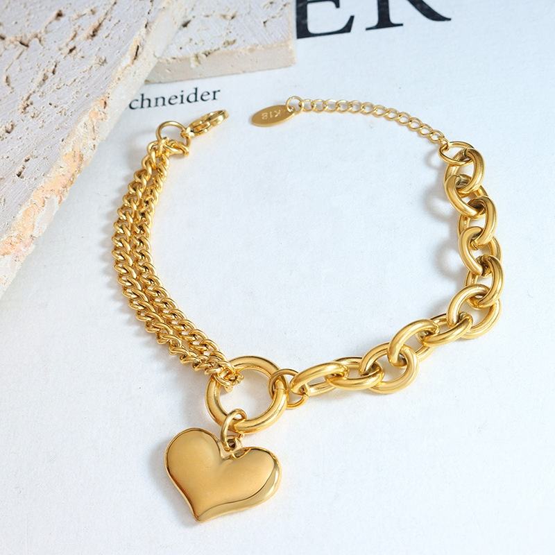 Heart Charm Double Chains Bracelet - 18k Gold Plated