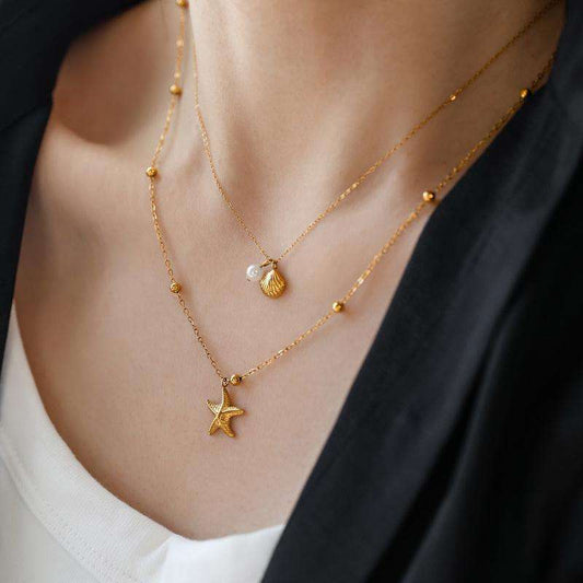 Shell Starfish Double Layer Necklace - 18k Gold Plated