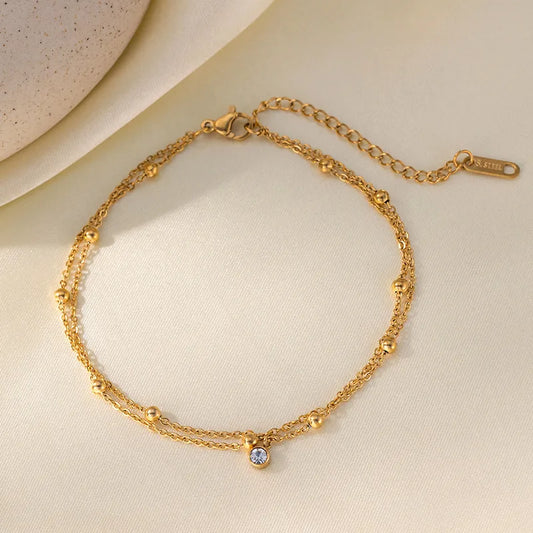 Single Diamond Beads Anklet - 18k Gold Plated