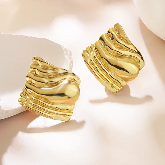 Wave Textured Stud Earrings - 18k Gold Plated