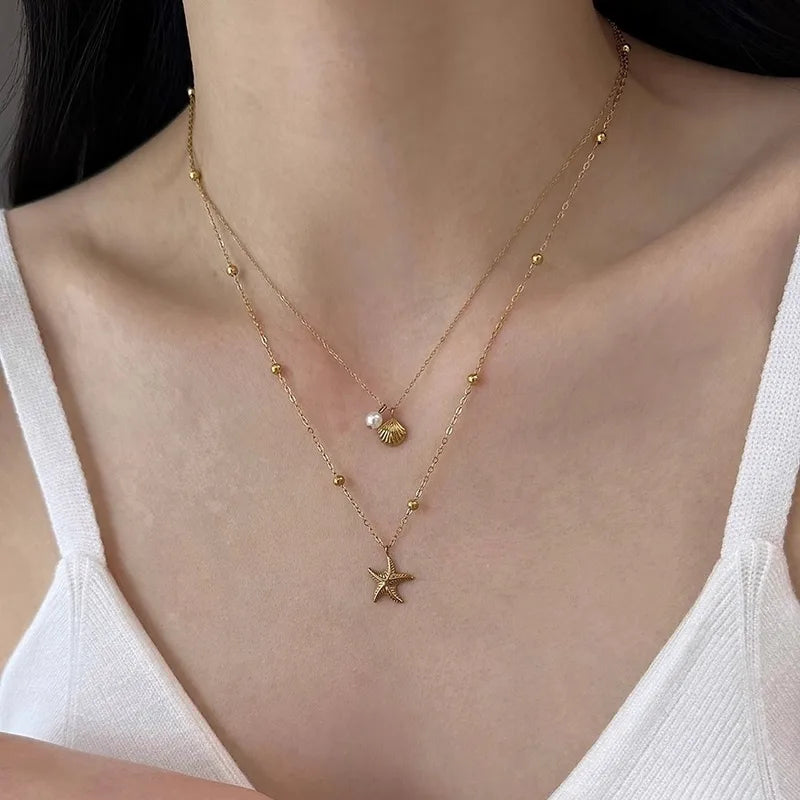 Shell Starfish Double Layer Necklace - 18k Gold Plated