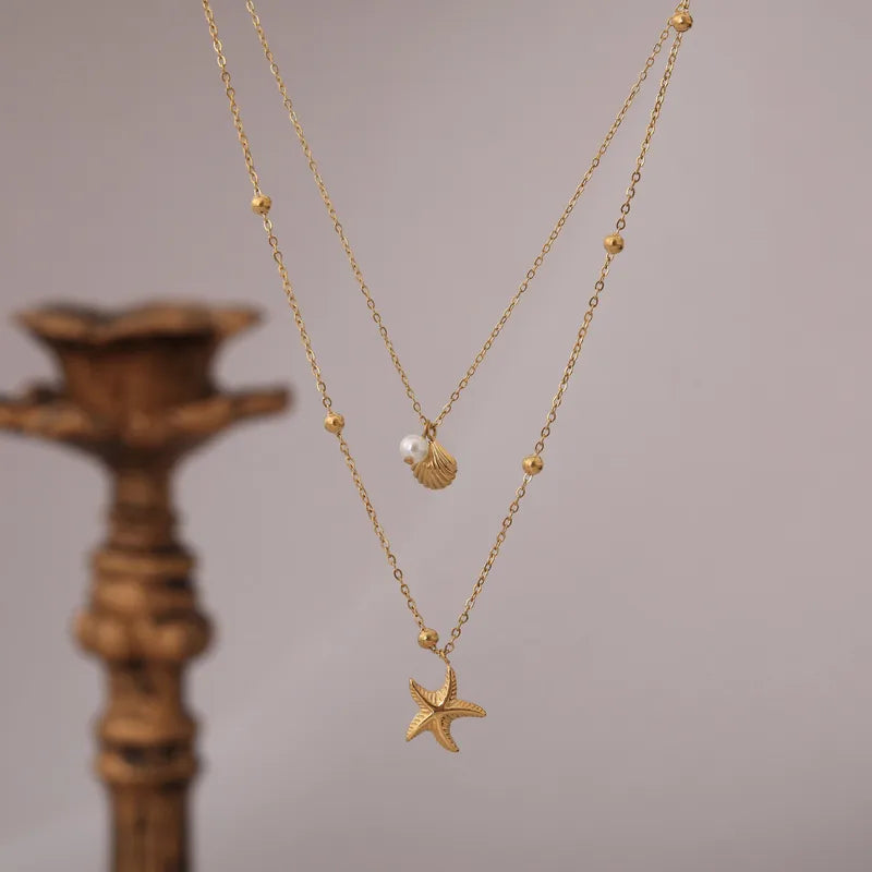 Shell Starfish Double Layer Necklace - 18k Gold Plated