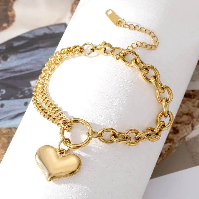 Heart Charm Double Chains Bracelet - 18k Gold Plated