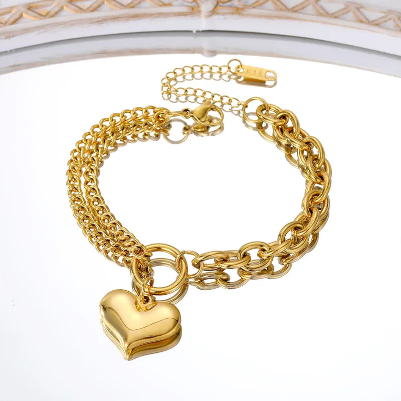 Heart Charm Double Chains Bracelet - 18k Gold Plated