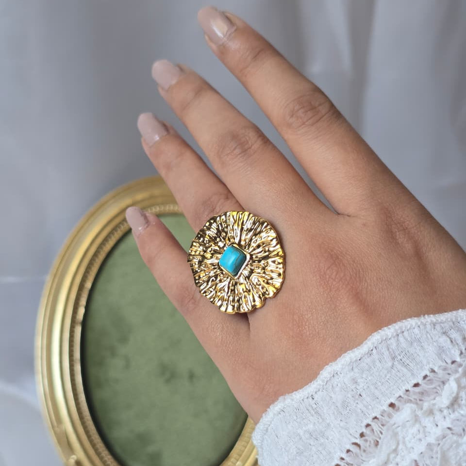 Textured Turquoise Statement Ring - 18K Gold Plated
