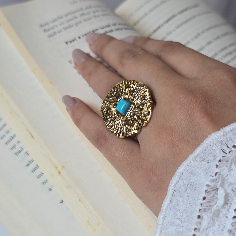 Textured Turquoise Statement Ring - 18K Gold Plated
